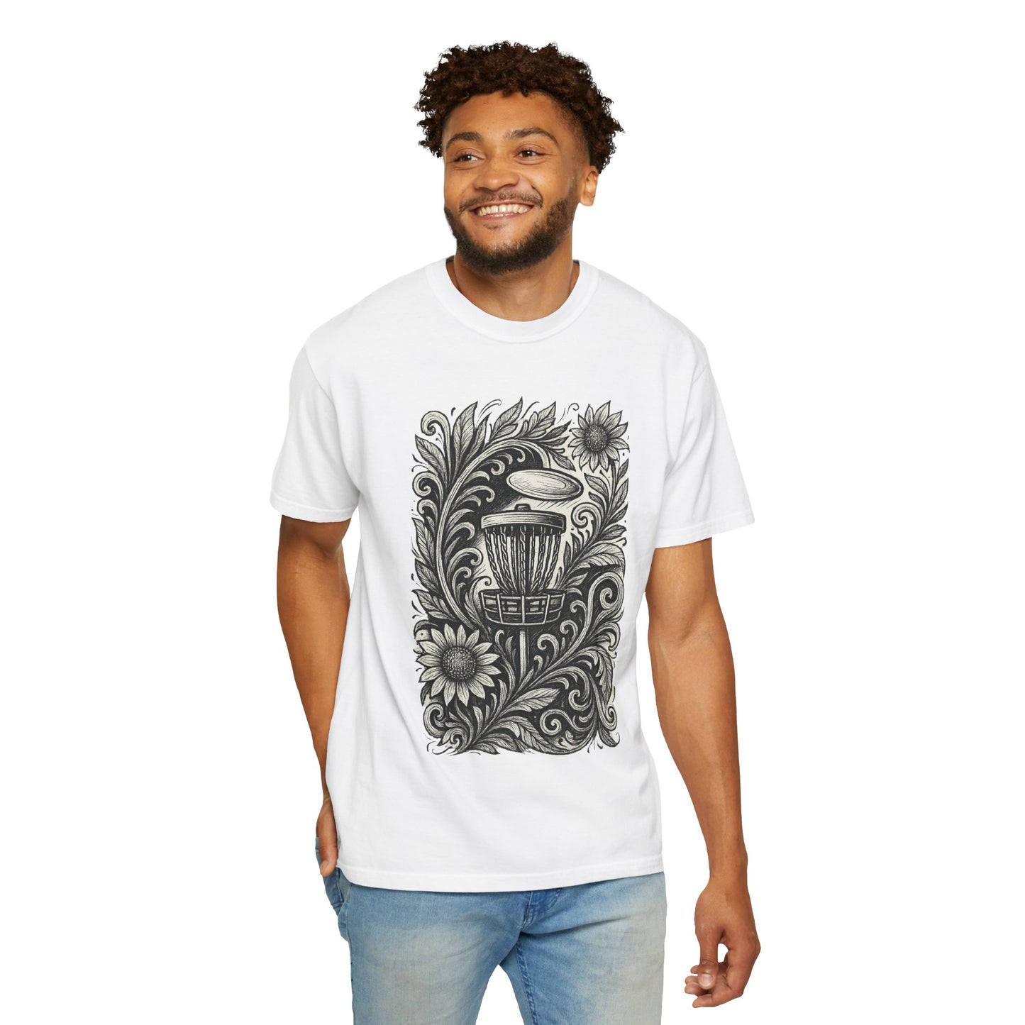 Artistic Unisex Garment-Dyed T-Shirt with Floral Design-Skyzer Disc Golf