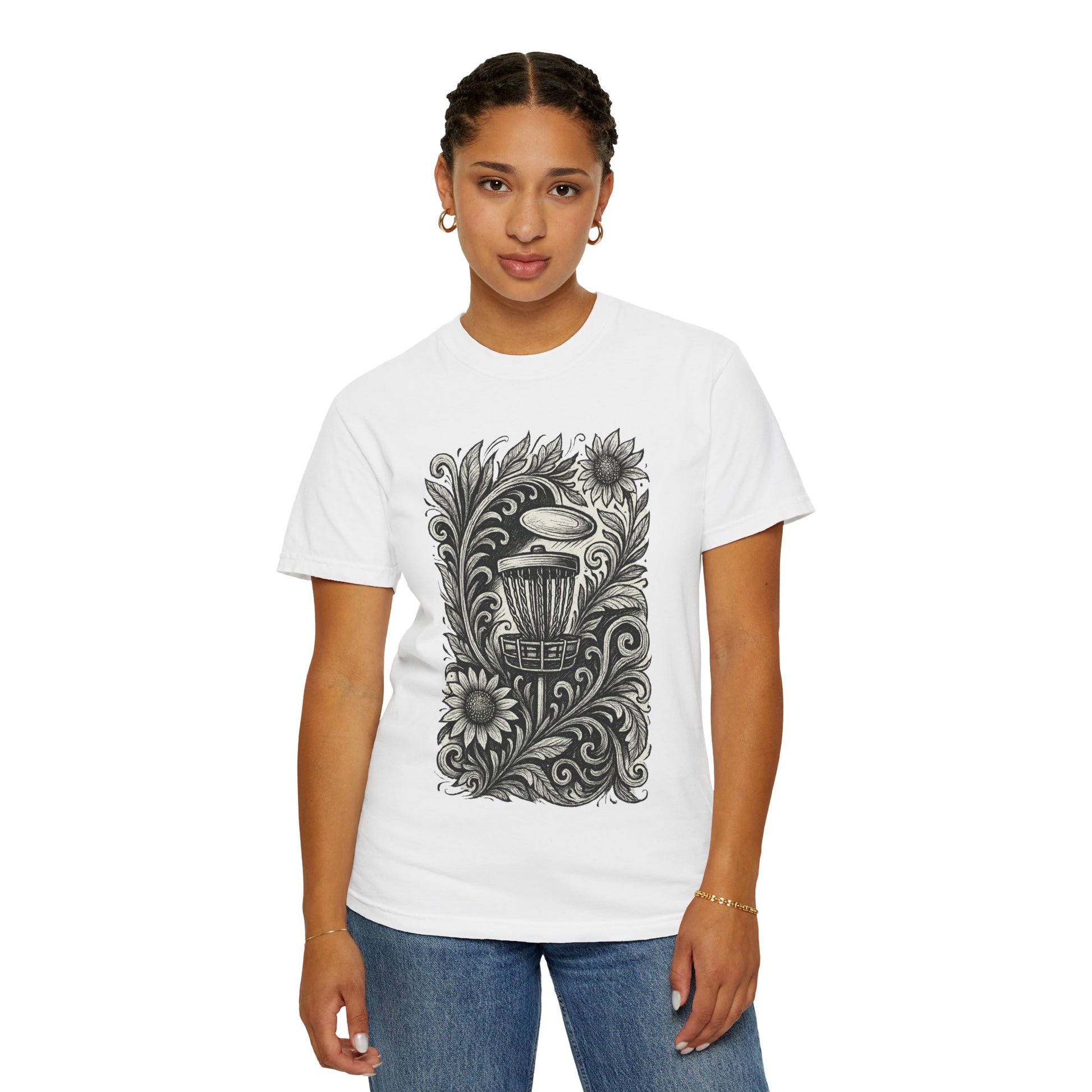 Artistic Unisex Garment-Dyed T-Shirt with Floral Design-Skyzer Disc Golf